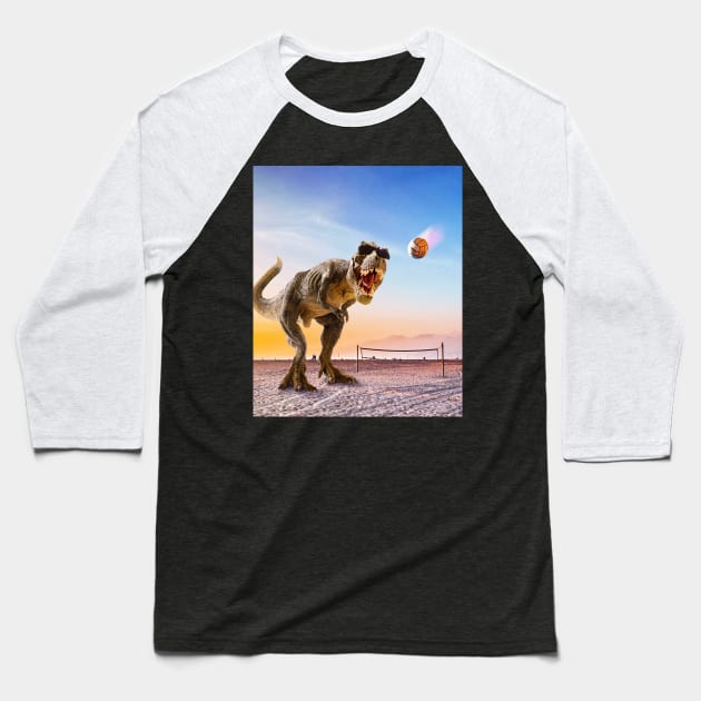 Funny T-Rex Dinosaur Playing Volleyball Baseball T-Shirt by Random Galaxy